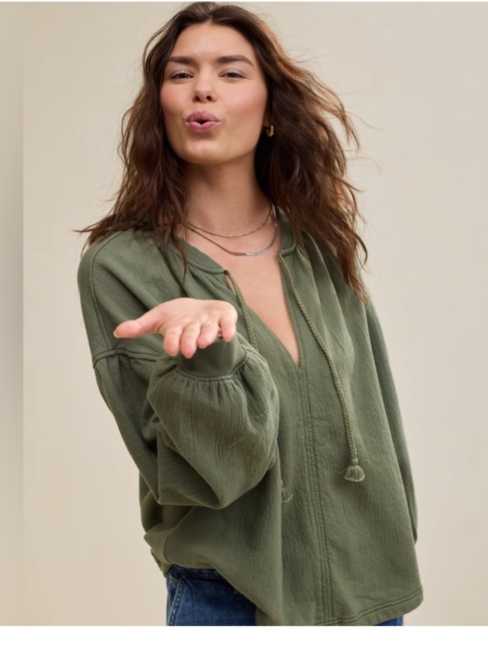 NWT aerie Olive Green V-Neck Pullover with Tassel Drawstrings